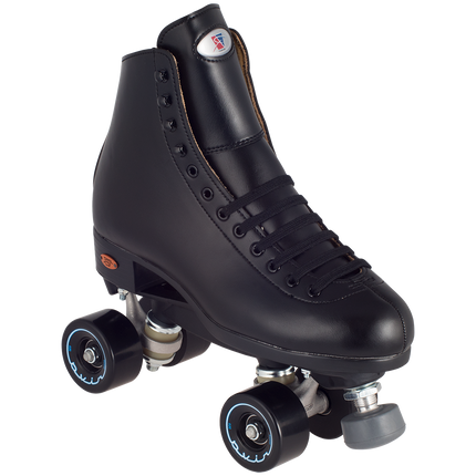 Black roller skate boot with lace-up front and inline wheels.