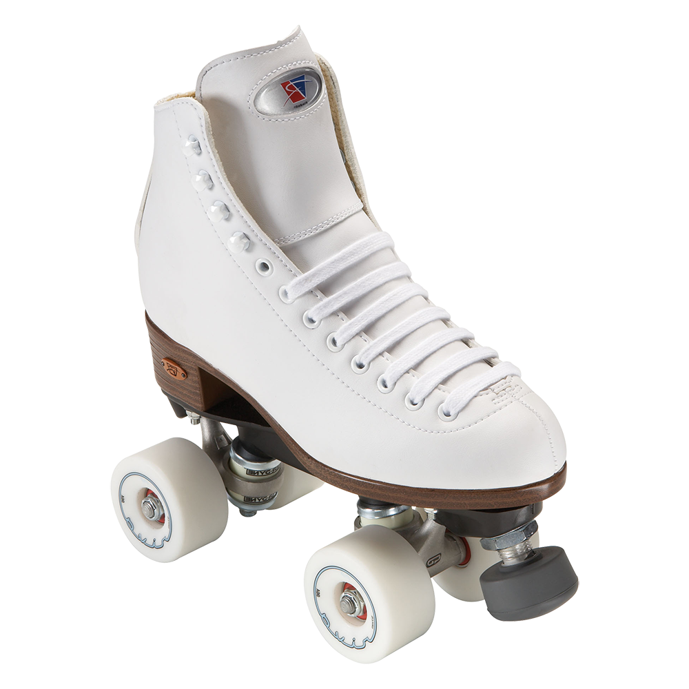 Riedell 111 white high-top roller skates with laced boots and front wheels