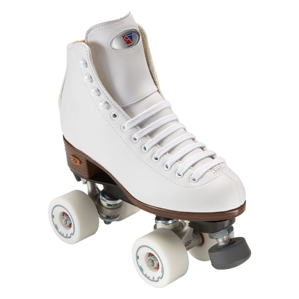 Riedell 111 white high-top roller skates with laced boots and front wheels
