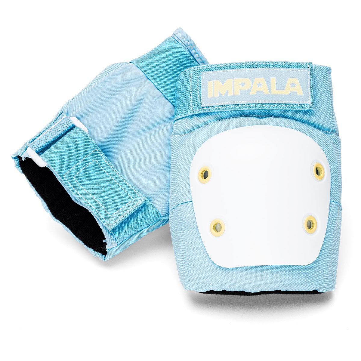 Youth sky blue knee pad set with white square shell plate and IMPALA strap patch