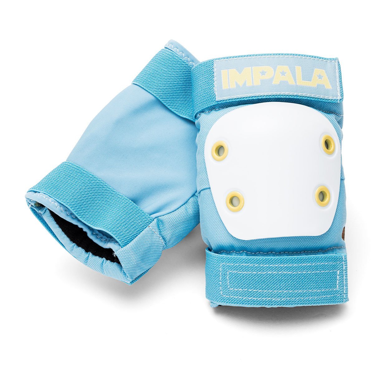 Youth sky blue knee pad with IMPALA logo, white shell plate, and hook straps