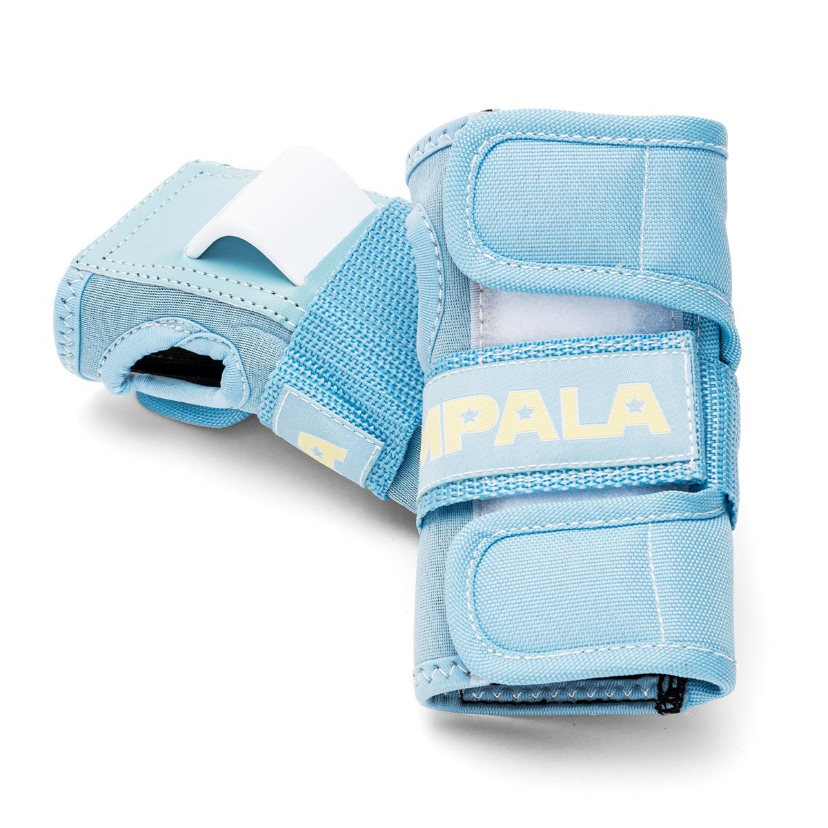 Youth sky blue protective knee pad with white shell plate and adjustable hook-and-loop straps