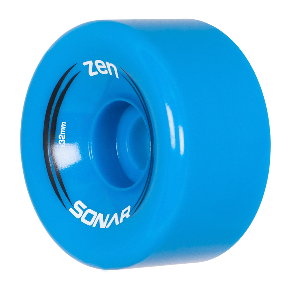 Blue outdoor skate wheel with Zen and SONAR branding on the side