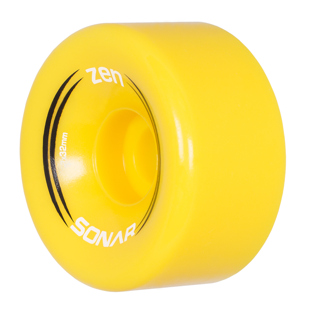 Yellow outdoor skate wheel with Zen and SONAR branding on the side