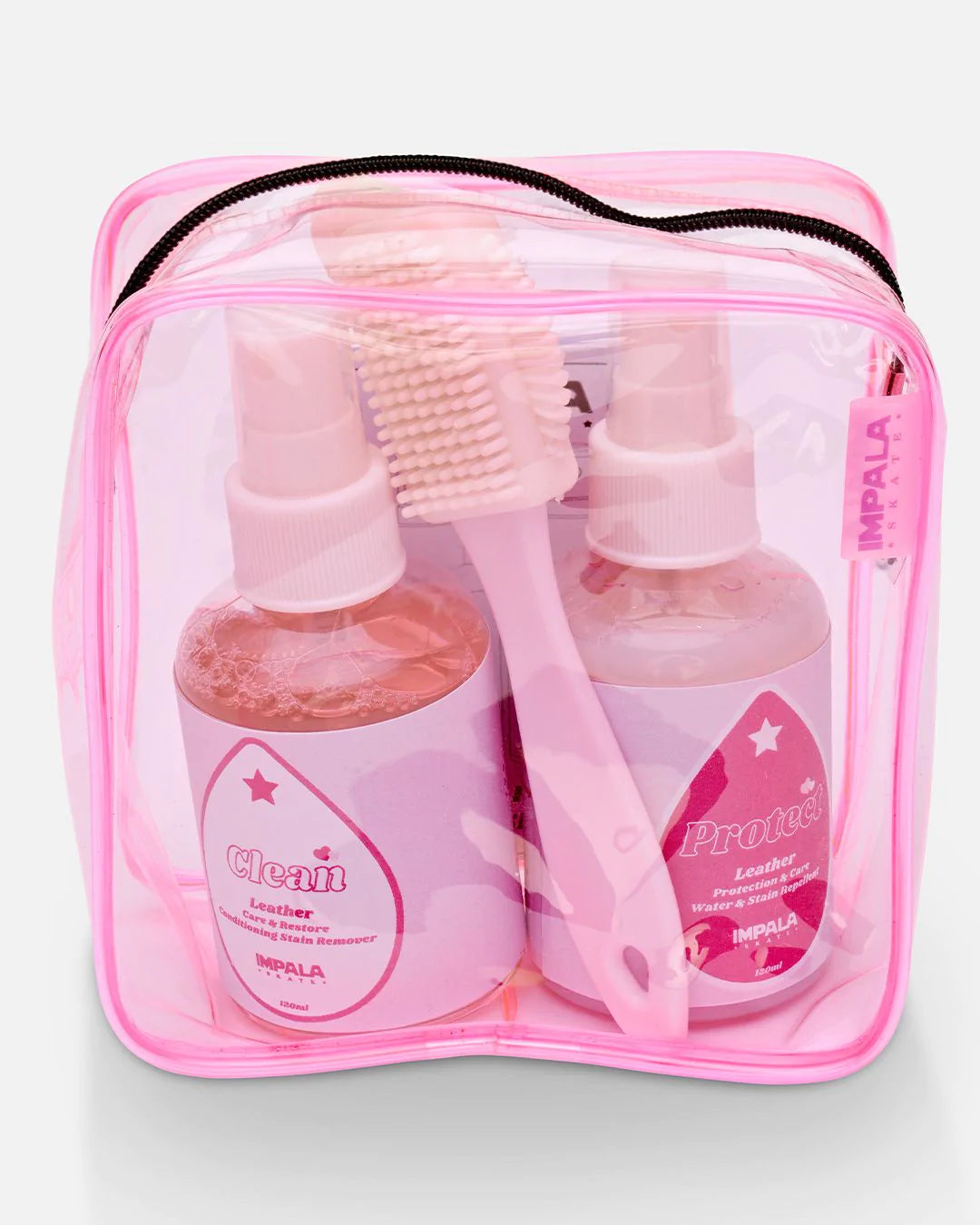 Impala suede care kit in clear pink zip pouch with bottles and brush tools
