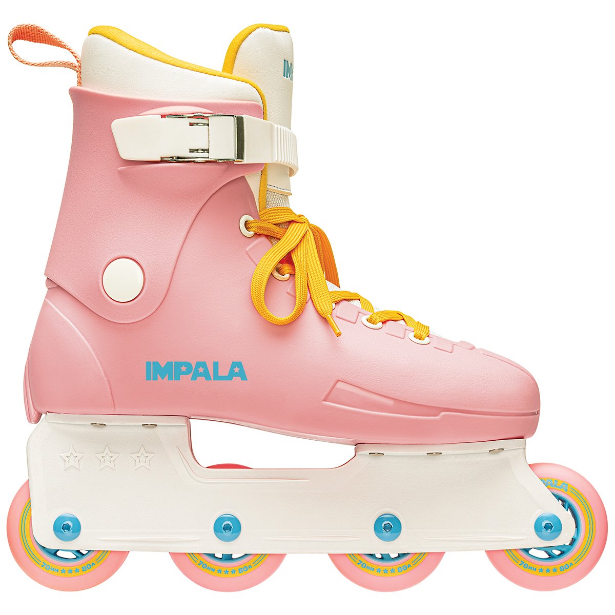 Pink inline skates, yellow laces, white frame and blue wheels, Impala logo