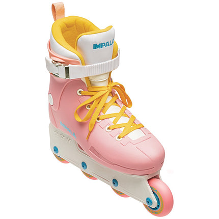 Pink inline skates with yellow laces, silver buckle, white frame and blue wheels