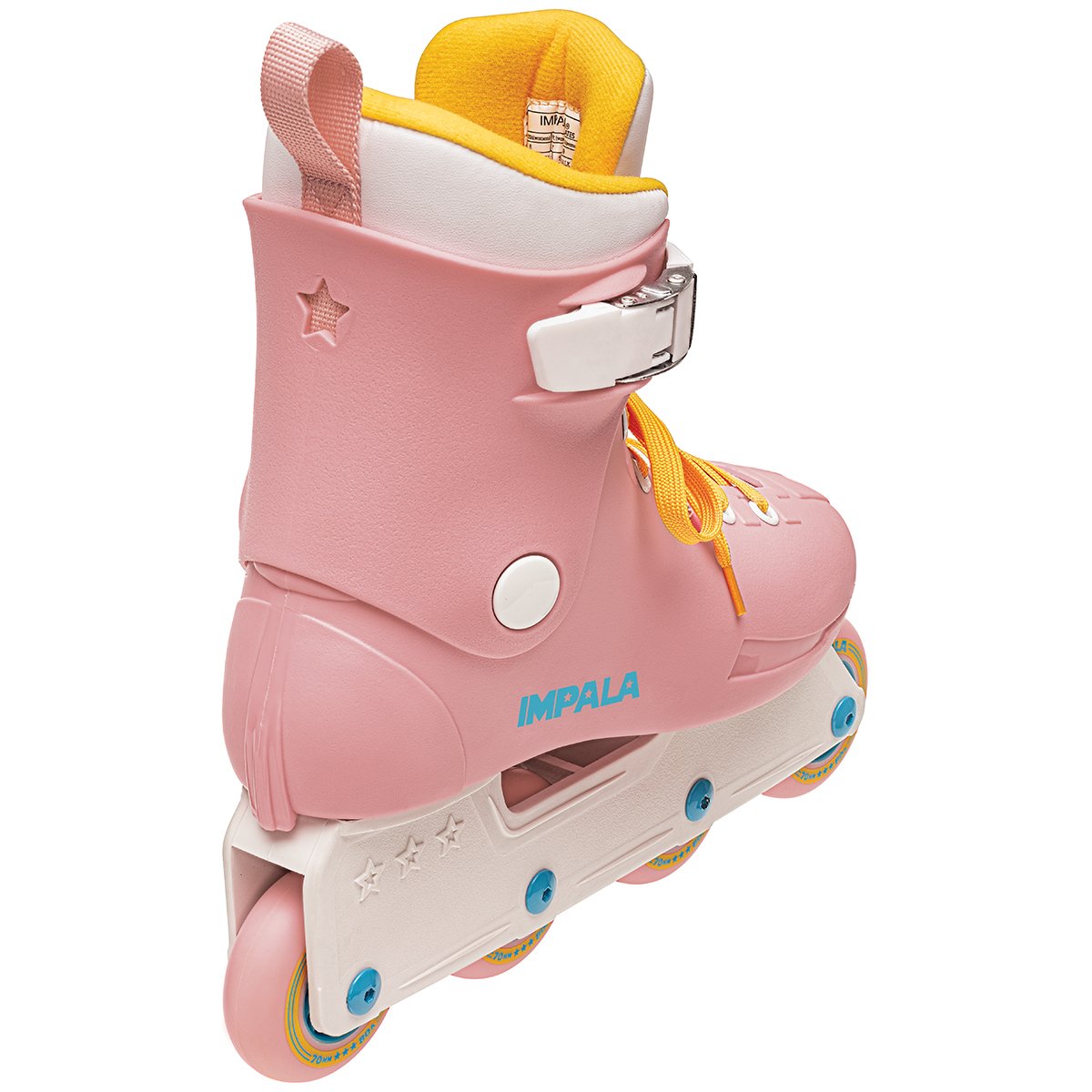 Pink high-top inline skates with yellow laces, star detail, white frame, blue wheels