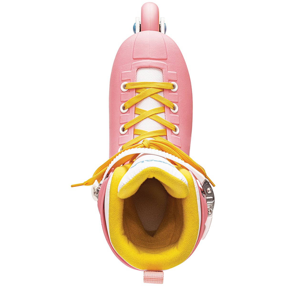 Pink inline skates with yellow laces, white inner padding and open cuff