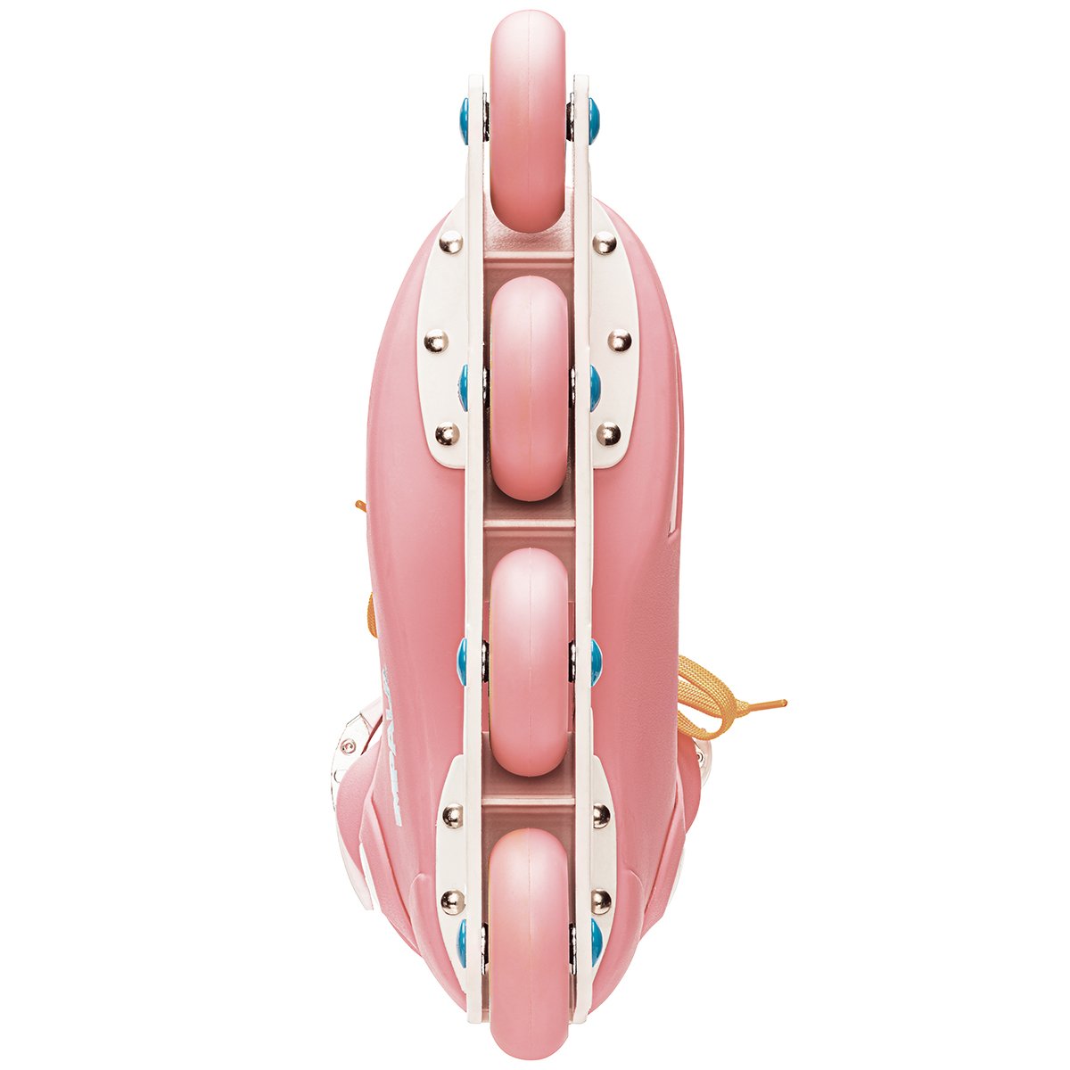 Pink inline skates, underside view with four wheels and silver axle hardware
