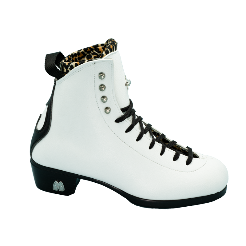 White lace-up jack boot with leopard lining, black heel, and side logo