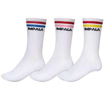 3-pack crew socks, white with red, blue, and yellow stripe cuffs, Impala logo
