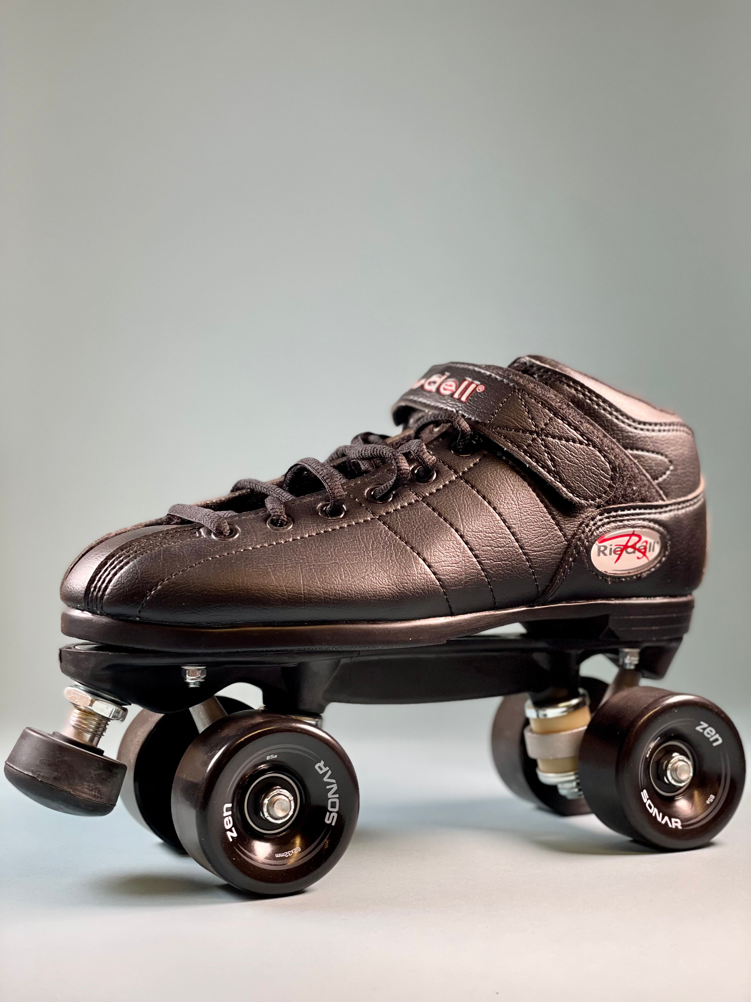 Riedell R3 outdoor roller skate, brown laced boot with roller wheels