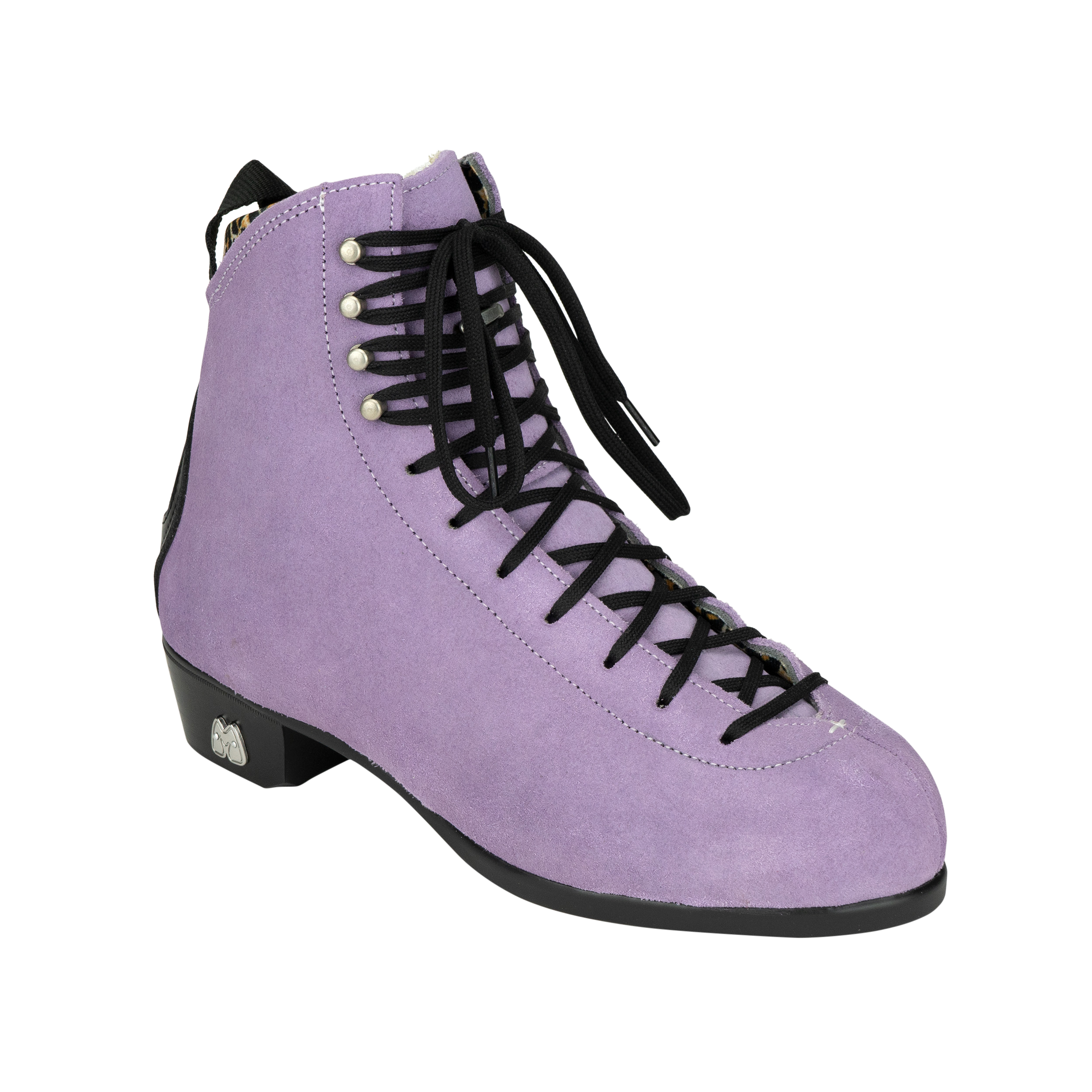 Lilac suede boot with black laces, metal eyelets, and side stitch detail