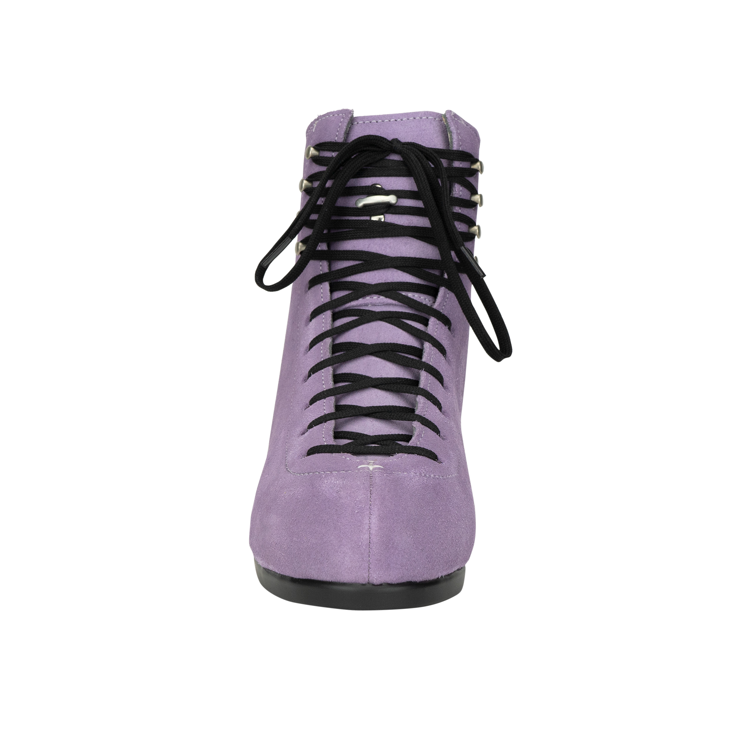 Lilac suede ankle boot with long black laces and padded collar