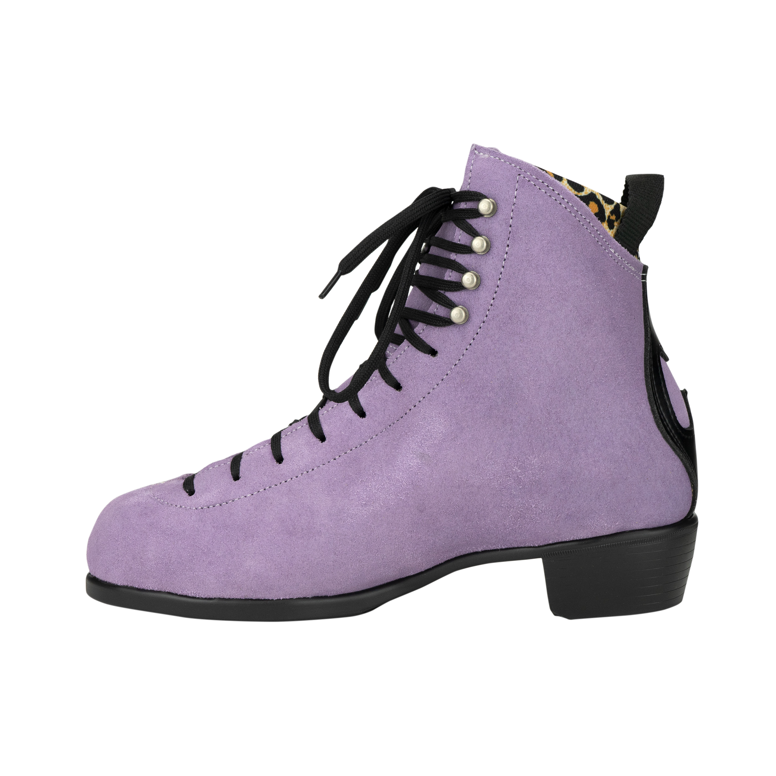 Lilac lace-up skate boot with black laces and low block heel