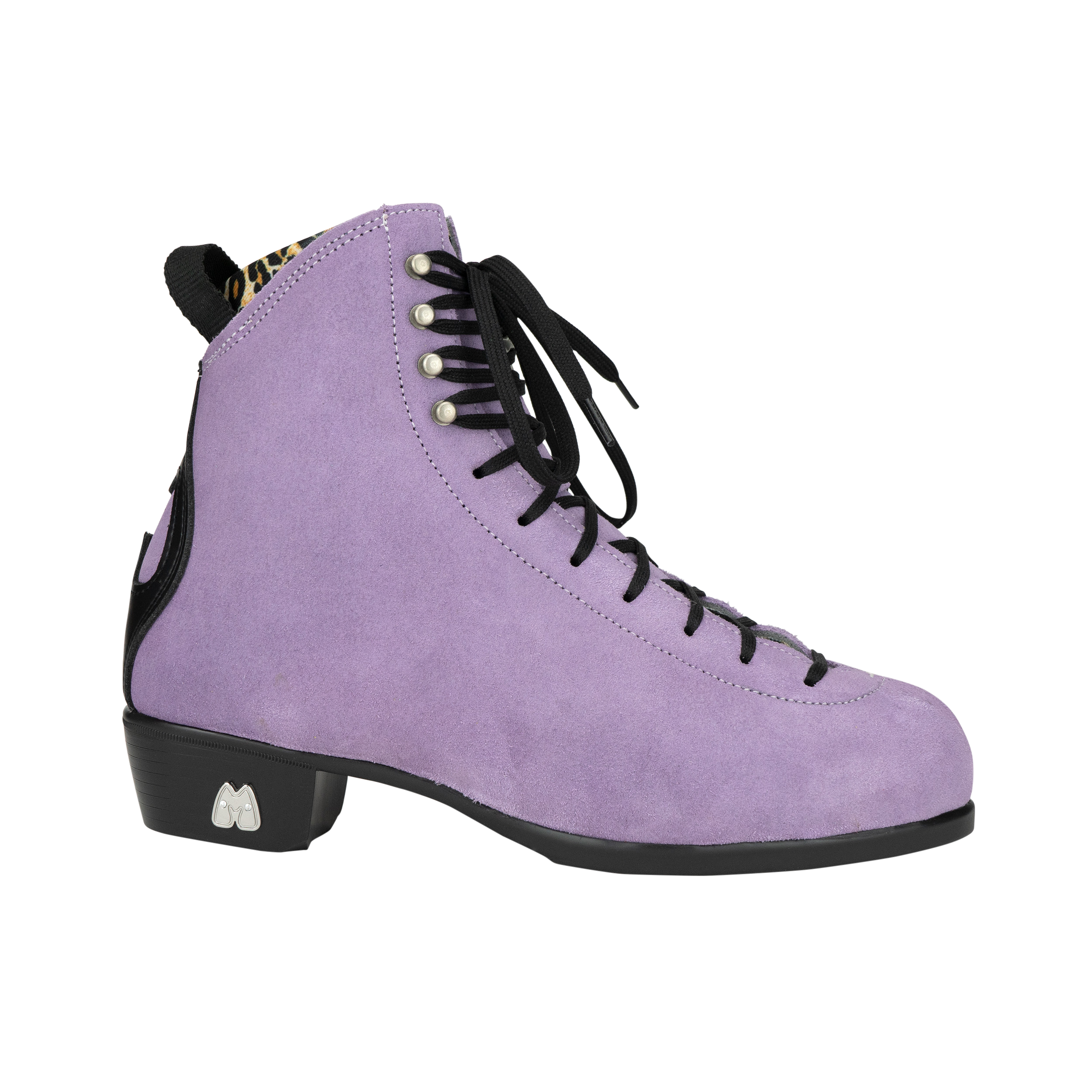Lilac suede heeled boot with black lace-up front and metal eyelets