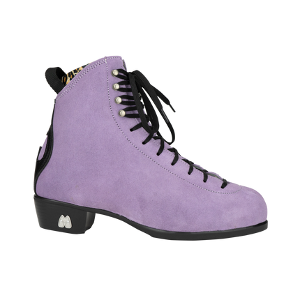 Lilac suede heeled boot with black lace-up front and metal eyelets