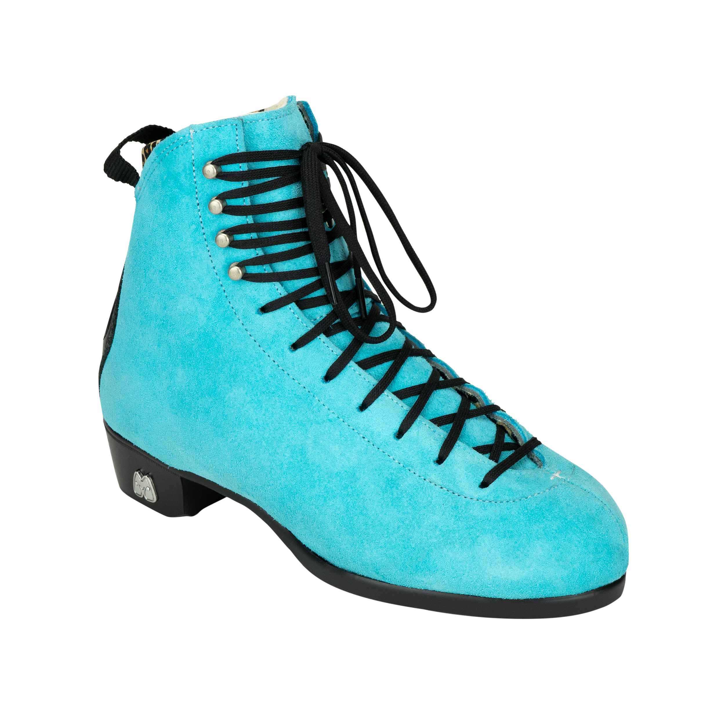 Turquoise suede ankle skate boot with black laces and stacked heel