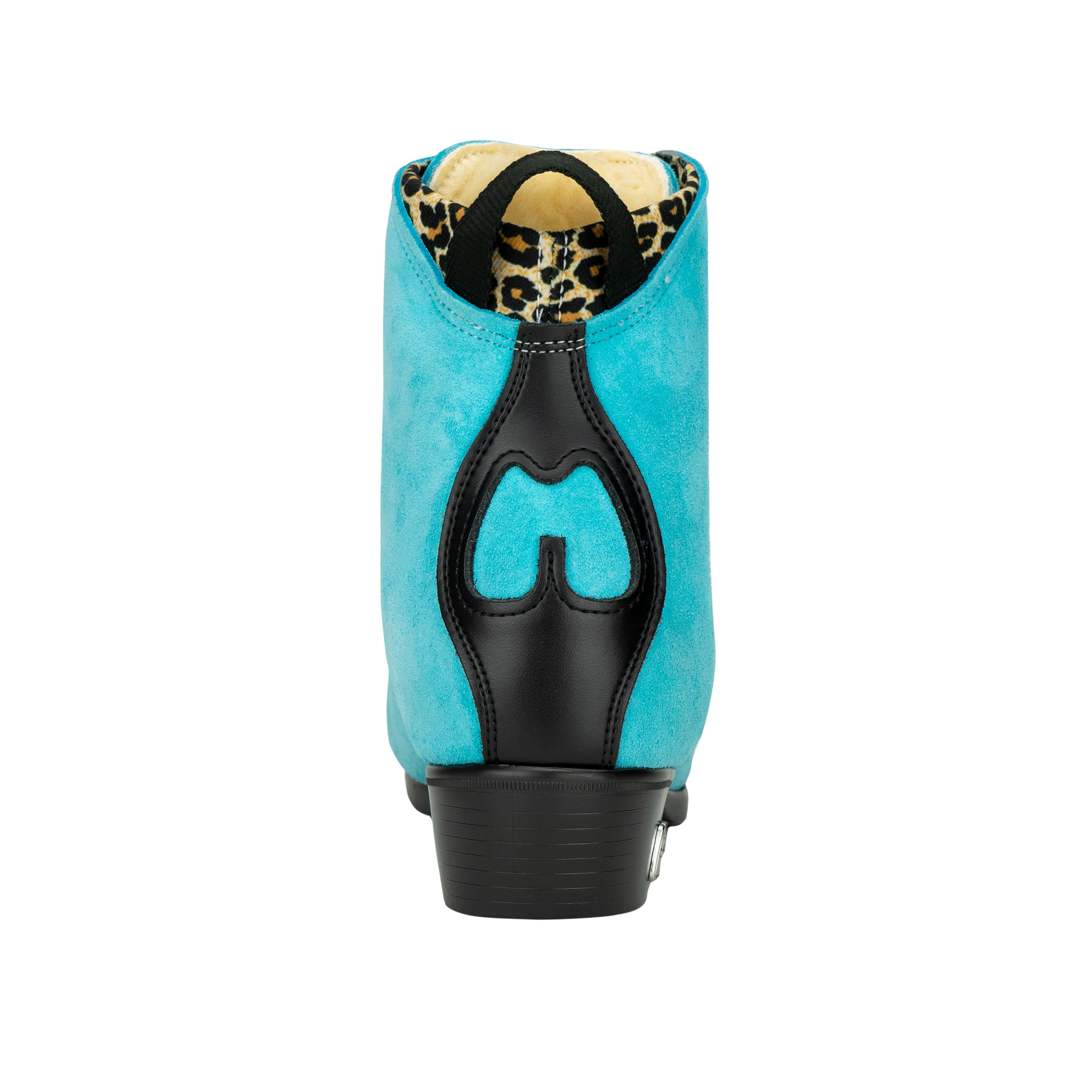 Turquoise skate boot with black heel and patterned collar lining logo patch