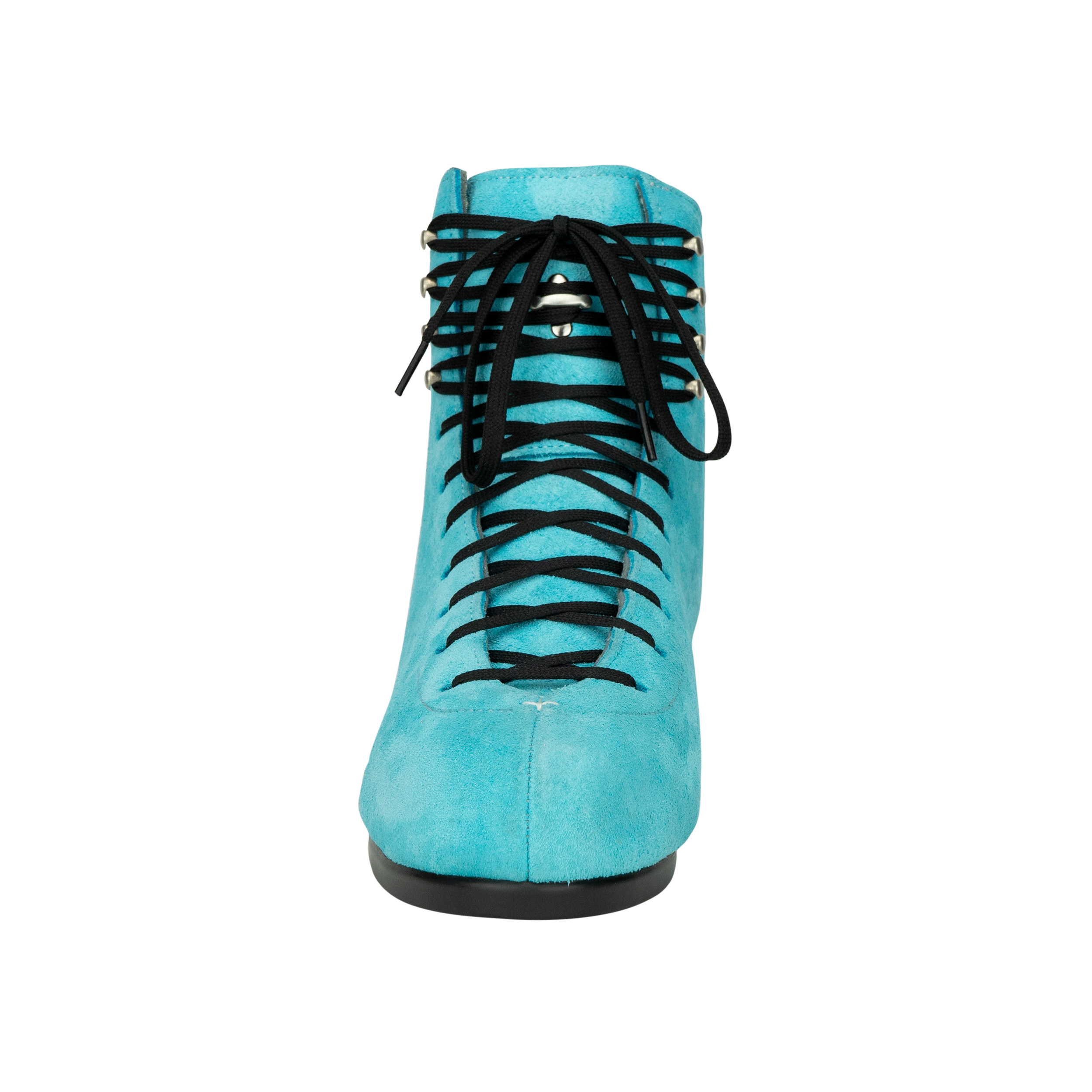 Turquoise suede skate boot with black lace-up closure and low black heel