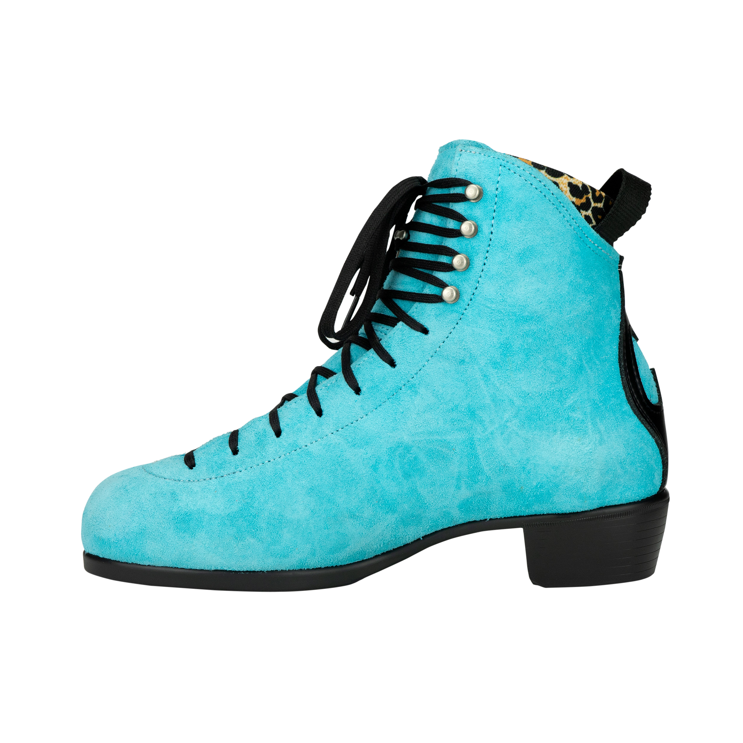 Turquoise high-top skate boot with black laces and round silver eyelets