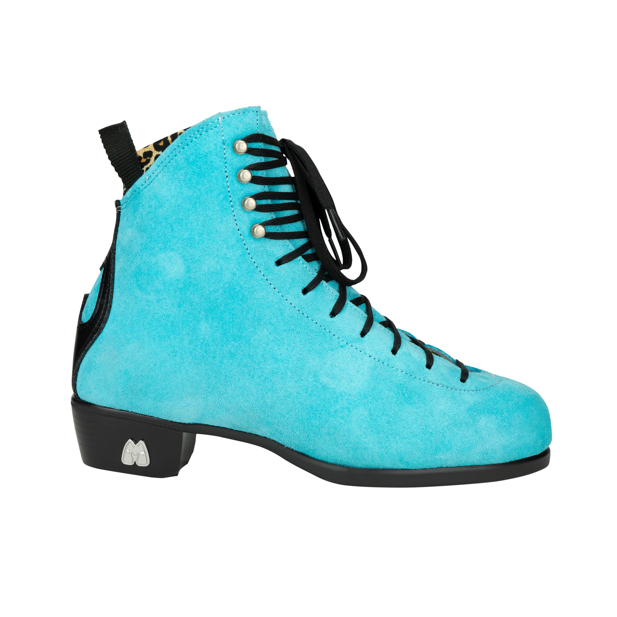 Turquoise suede ankle skate boot with black laces and low stacked heel