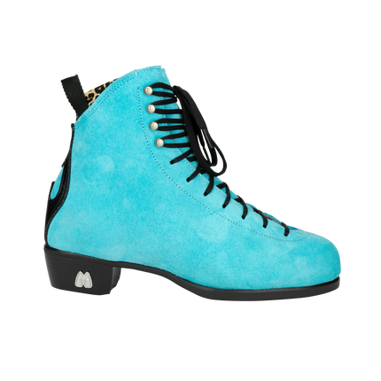 Turquoise suede ankle skate boot with black laces and low stacked heel