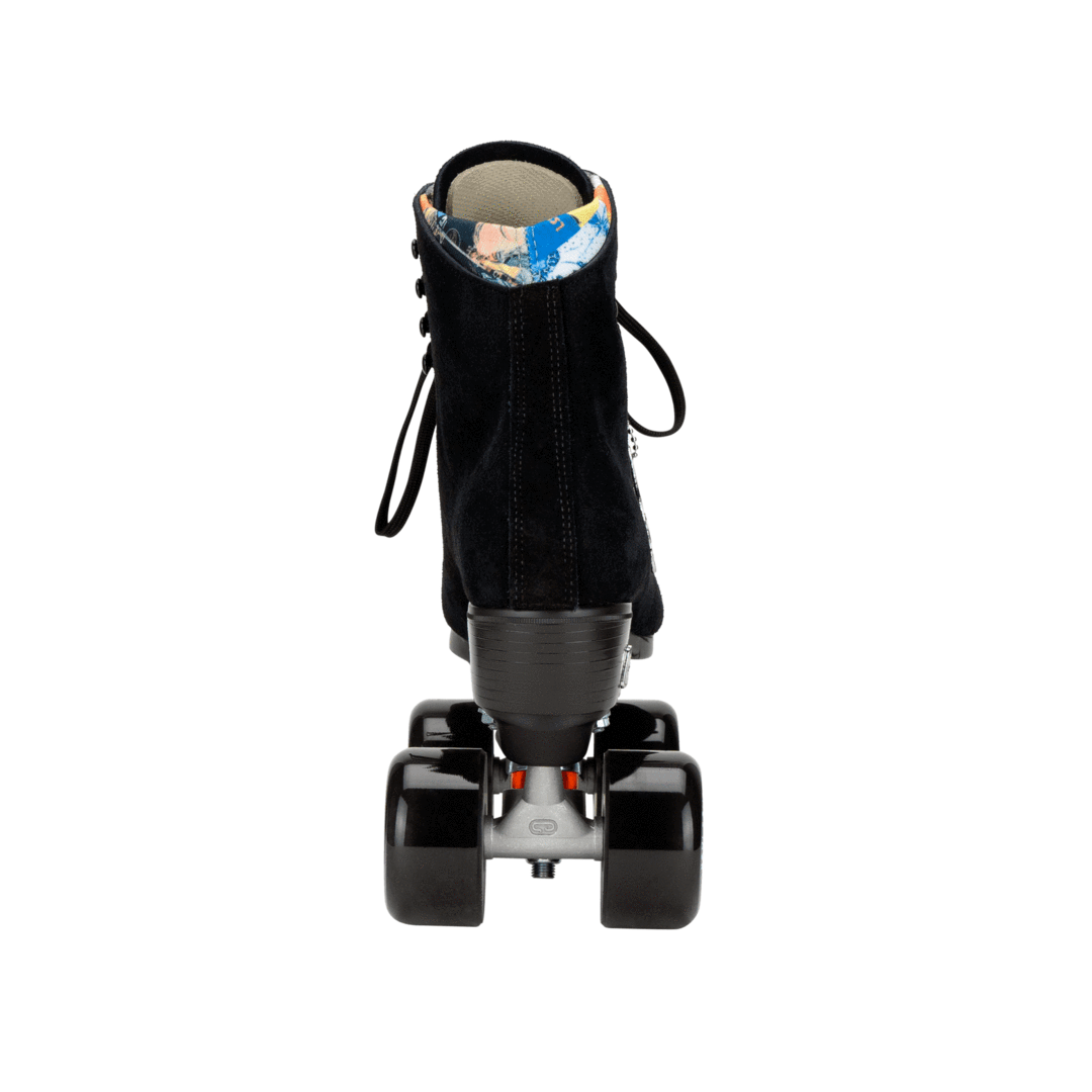 Black high-top roller skates, rear view with laces and padded ankle collar