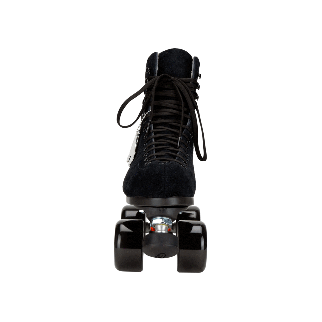 Black high-top roller skates, front view with black laces and four urethane wheels
