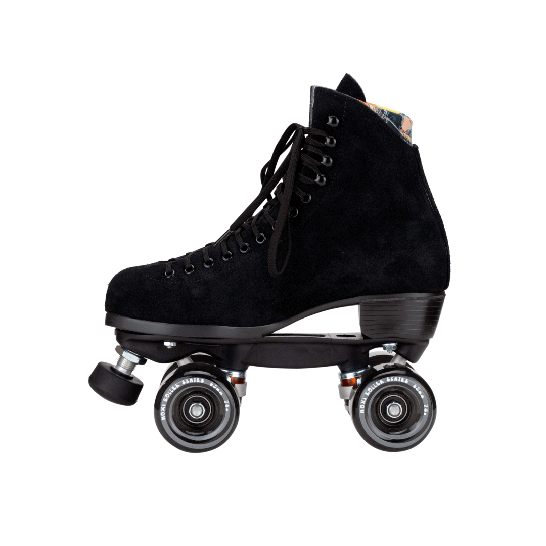 Black high-top roller skates, side view with lace-up suede boot and metal plate