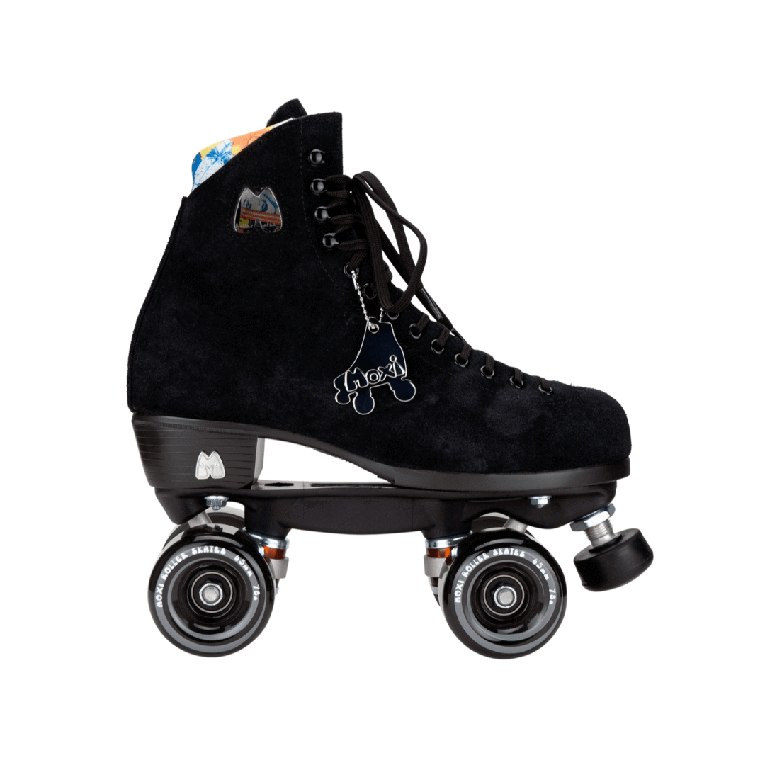Black high-top roller skates, three-quarter view with suede boot and decorative charm