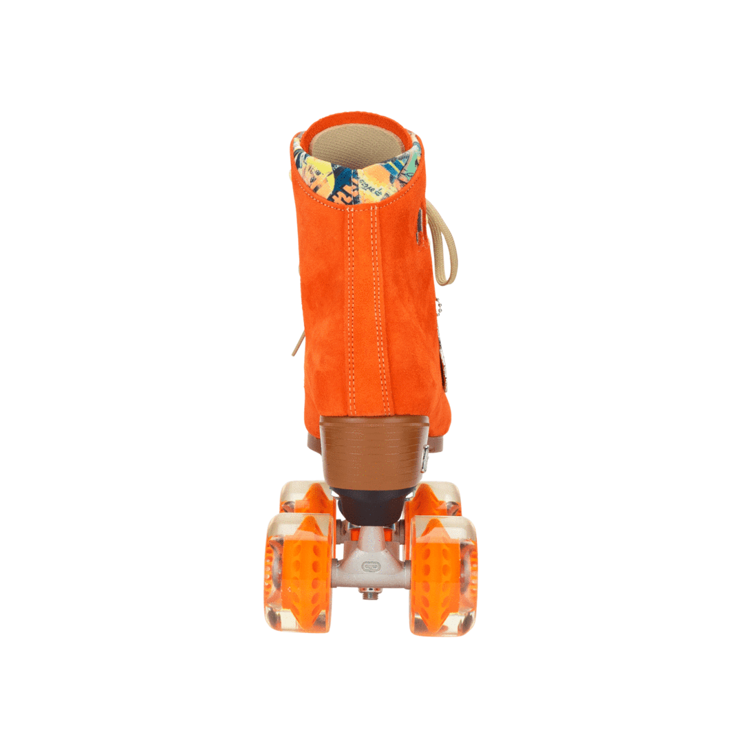 Orange high-top roller skates with suede upper, beige laces, four orange wheels