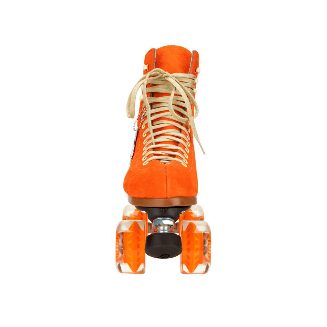 Orange high-top roller skates, beige laced boot, black toe stop, orange wheels