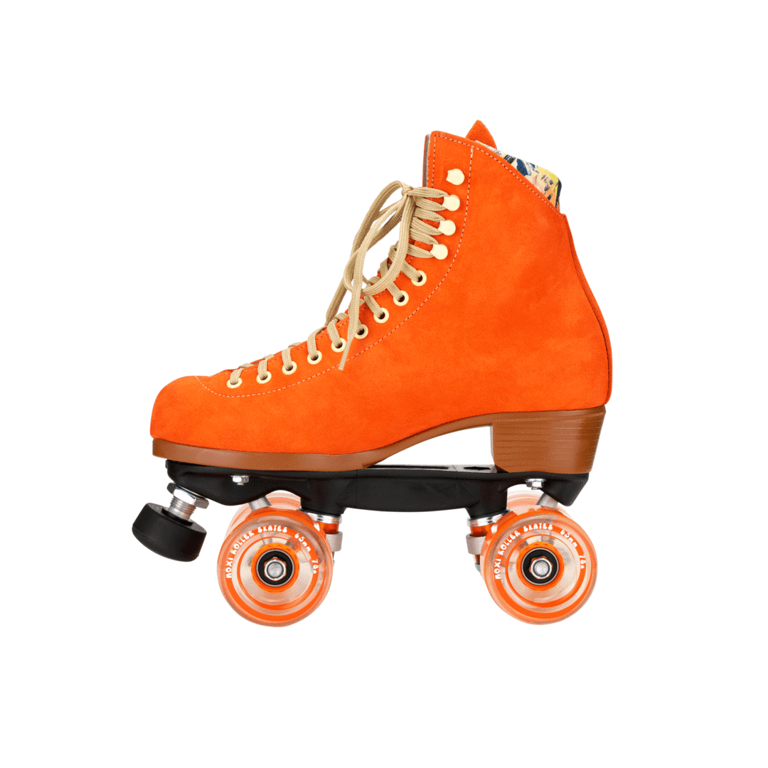Orange high-top roller skates with beige laces and orange wheels on black base