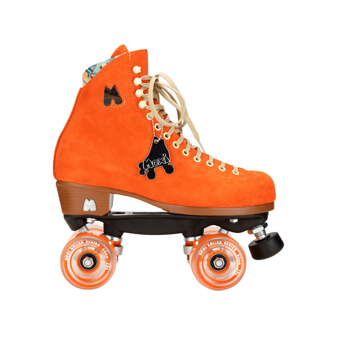 Orange high-top roller skates with black patch logo, beige laces, orange wheels