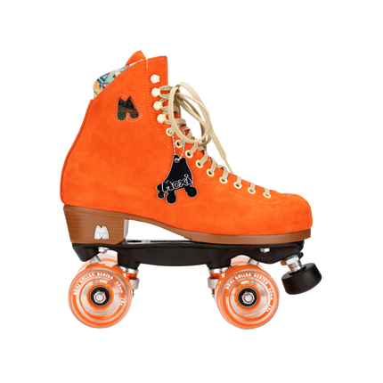 Orange high-top roller skates with black patch logo, beige laces, orange wheels