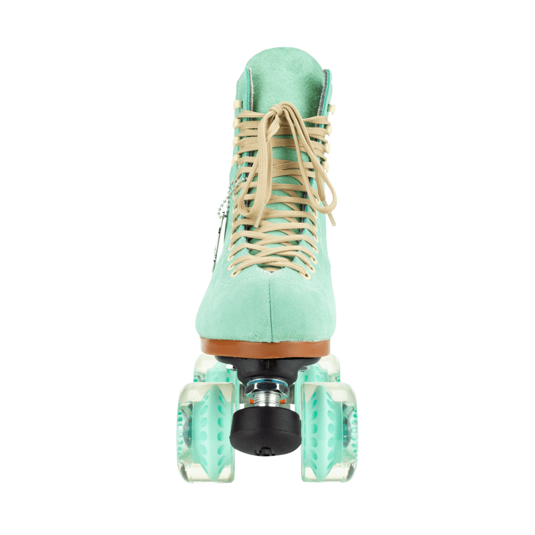 Teal roller skates from behind, tan laces and blue-green wheels