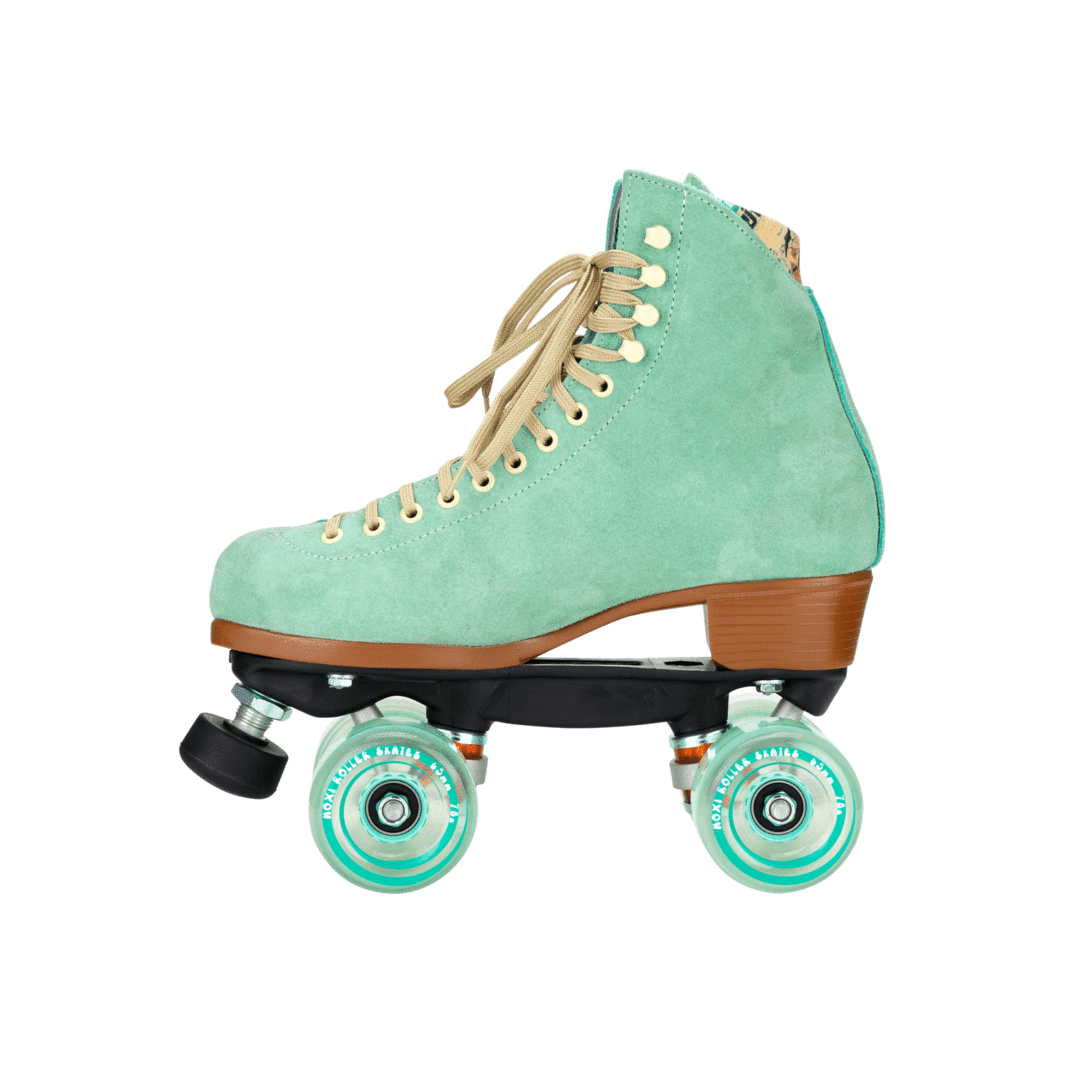 Teal suede roller skates with tan laces, brown sole plate, blue wheels