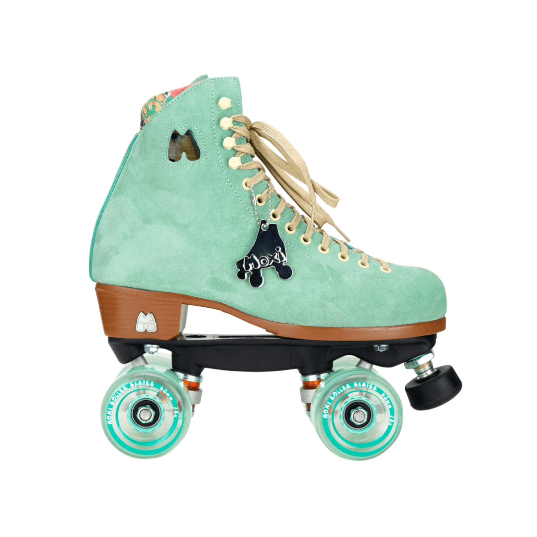 Teal roller skates with tan laces, butterfly patch and blue wheels