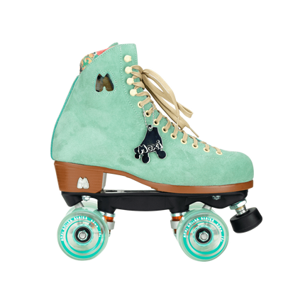 Teal roller skates with tan laces, butterfly patch and blue wheels