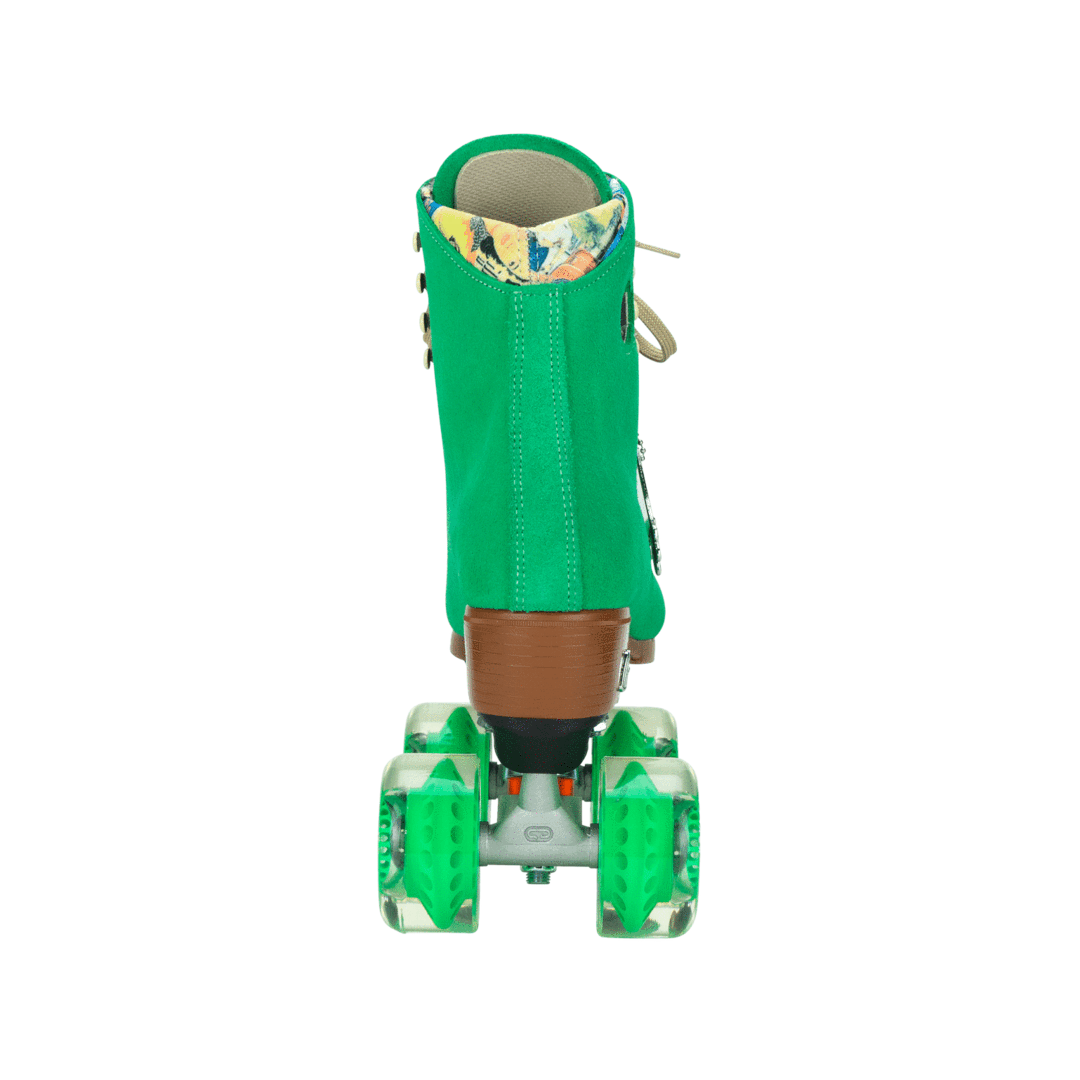 Green high-top roller skates with laces, brown boot trim, and green wheels