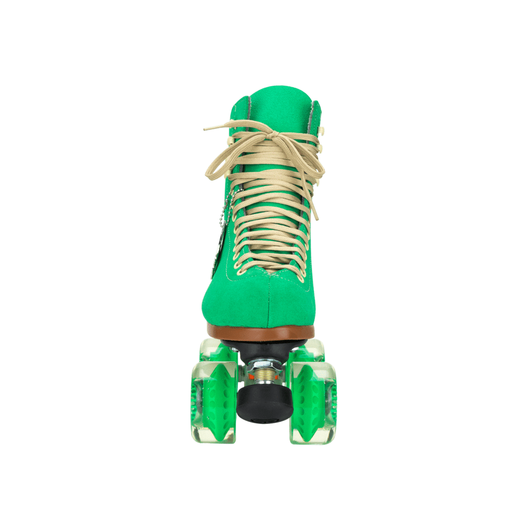 Green high-top roller skates with long cream laces and green front wheels