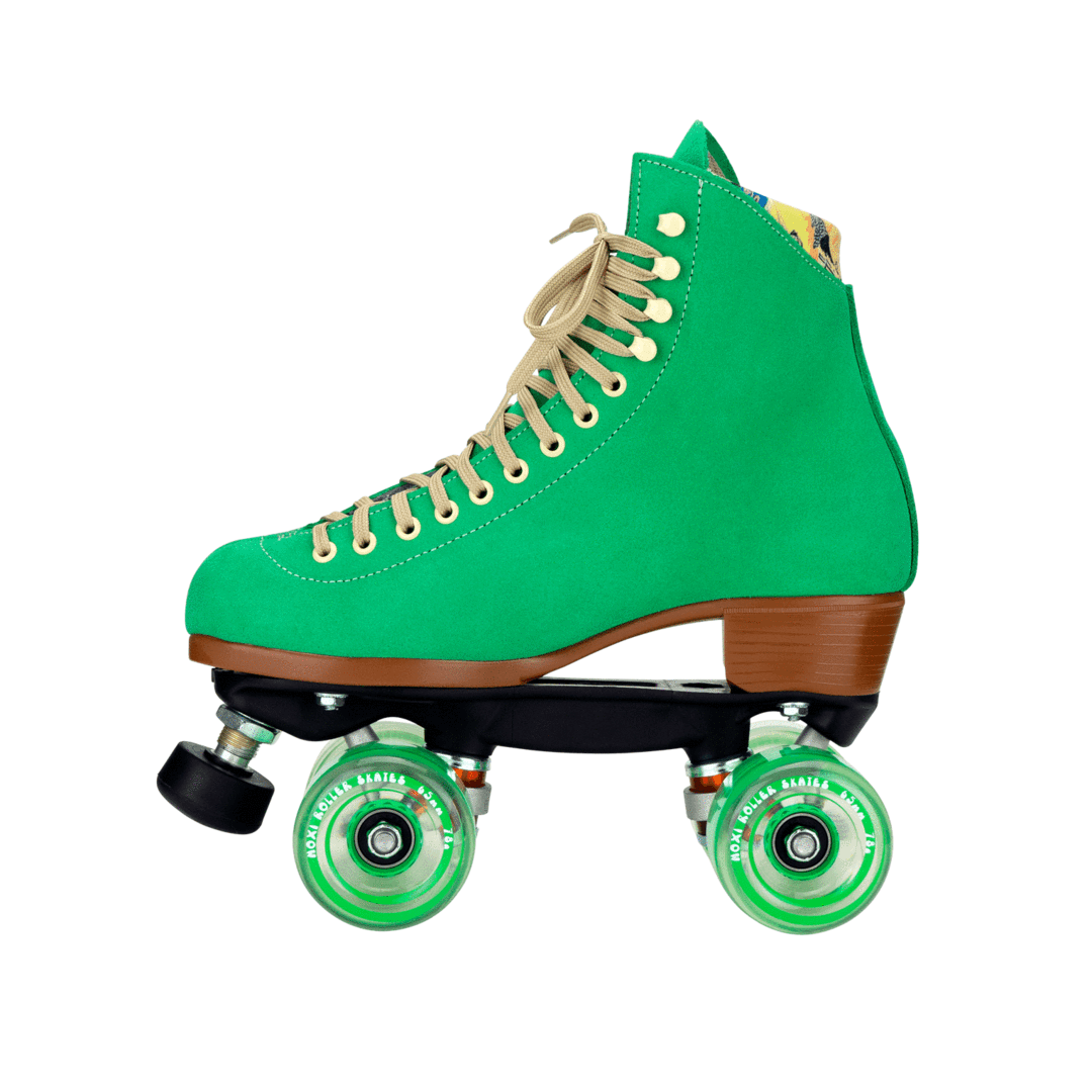 Green high-top roller skates with cream laces, green wheels, and black toe stop