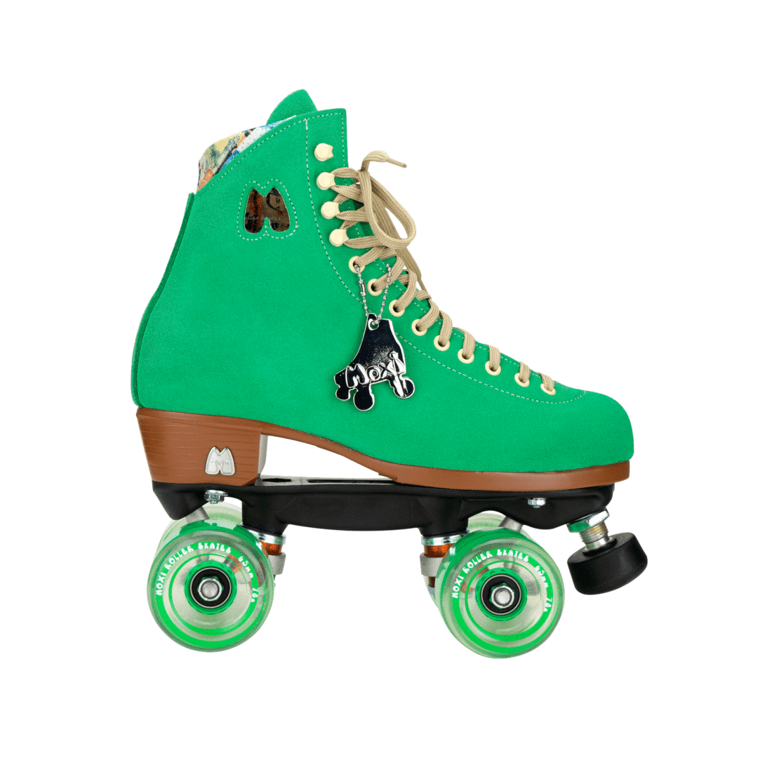 Green high-top roller skates with side laces, patterned charm, and green wheels