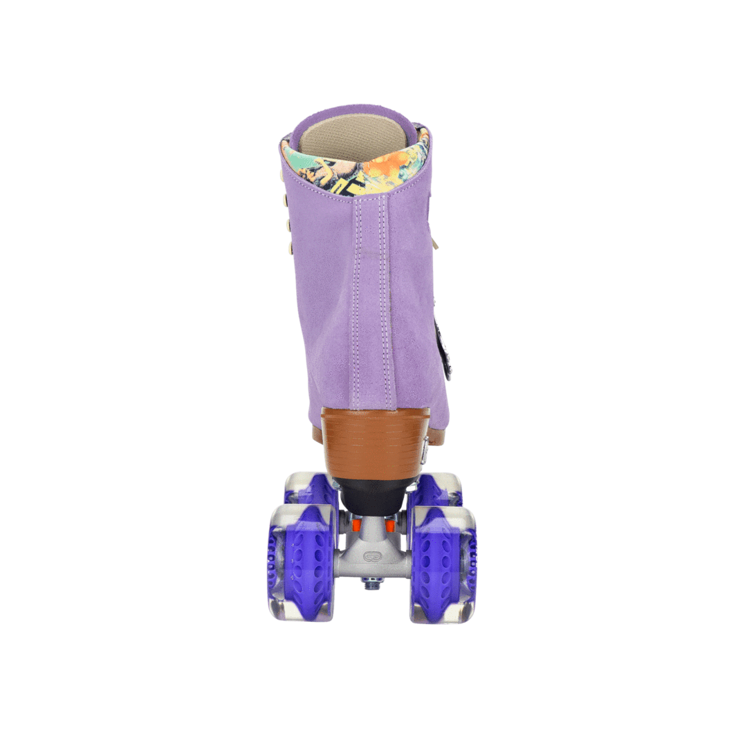 Lilac high-top roller skates, rear view with tan laces and purple wheels