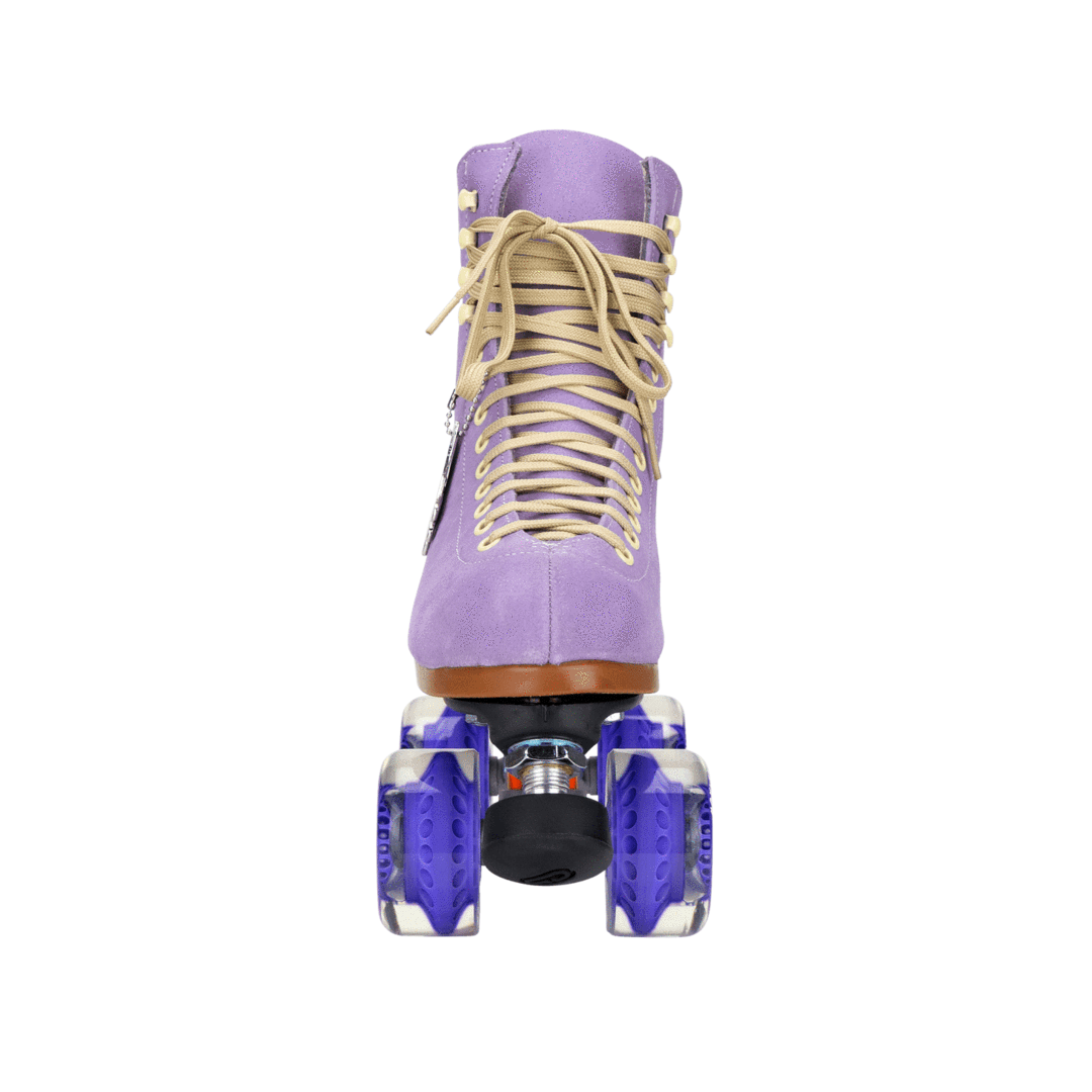 Lilac high-top roller skates, side view with tan laces and purple wheels