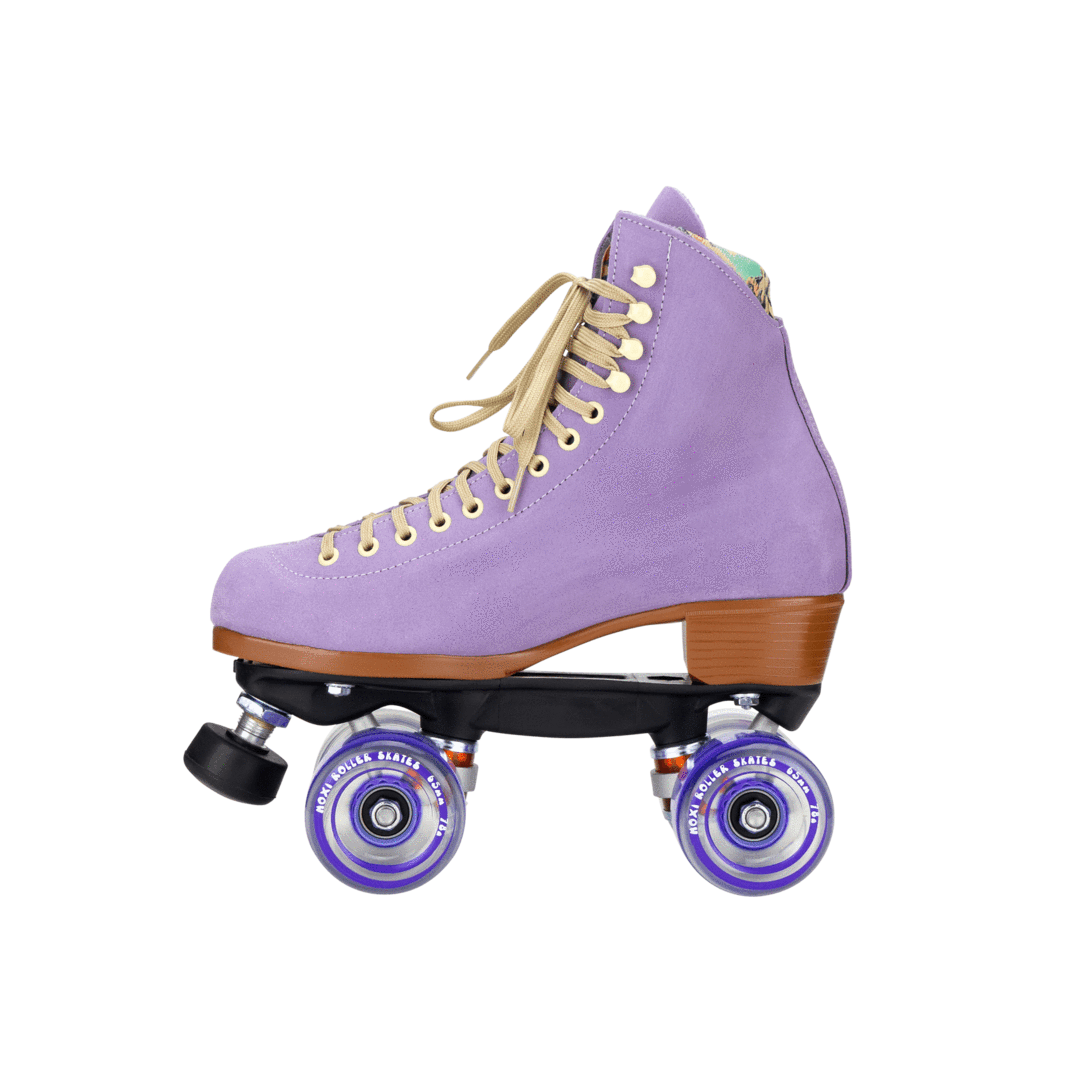 Lilac high-top roller skates, angled view with tan laces and purple wheel set