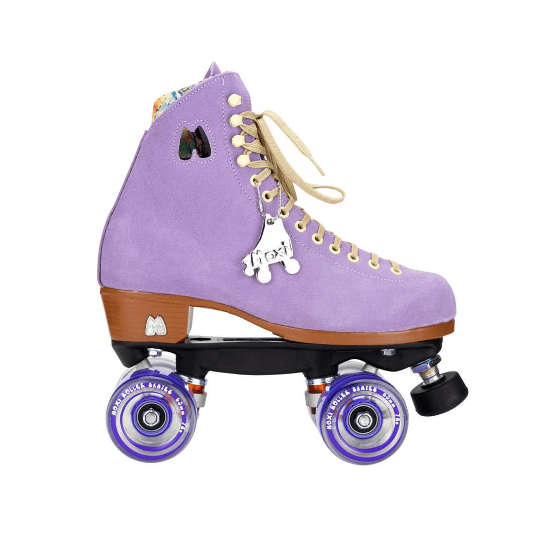 Lilac high-top roller skates with tan laces, purple wheels and brown sole