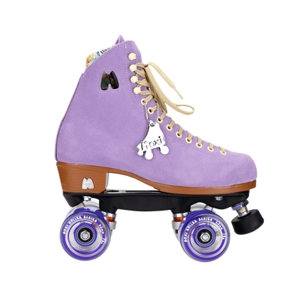Lilac high-top roller skates with tan laces, purple wheels and brown sole